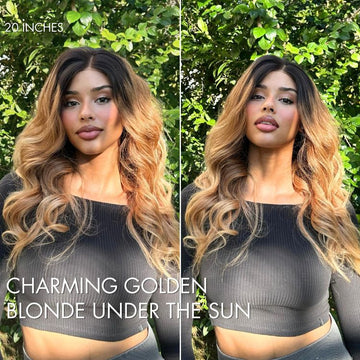 Model showcasing a 20-inch lace front wig with charming golden blonde waves under sunlight, highlighting a natural and glamorous look.