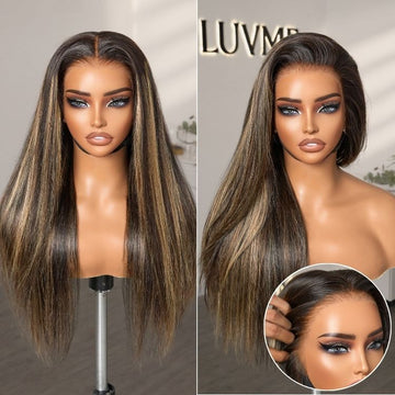 Two views of Ash Blonde Highlight lace front wig featuring sleek, straight hair with highlighted streaks. The left image shows a center part, emphasizing the natural hairline, while the right image highlights a side-swept style