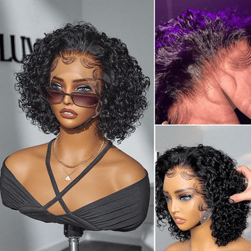 Black Curly lace front wig shown on mannequin, highlighting natural hairline, baby hairs, and realistic scalp effect.