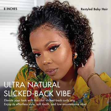 8 Inches black curly lace front wig restyed with baby hair