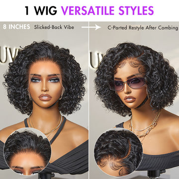 8-inch lace front wig styled in slicked-back or C-parted looks, showing natural hairline and versatile curly texture