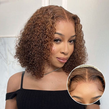 Brown curly bob wig with a natural hairline, compact lace front, and soft, bouncy curls for a stylish, effortless look.