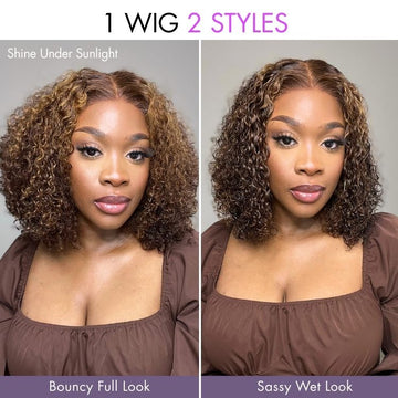 Brown Curly Lace Front Wig styled in two ways: a voluminous, bouncy full look under sunlight and a sleek, sassy wet look.