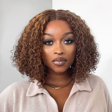 A Lady wearing Short Curly Brown Highlight Lace Front Wig