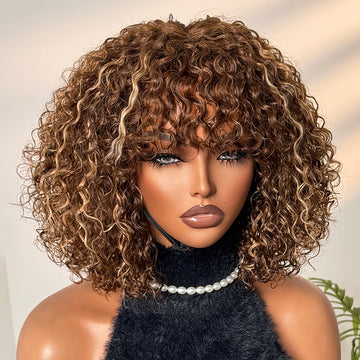 Beginner Friendly Ash Blonde Highlights Water Wave True Scalp Minimalist Lace Glueless Curly Wig with Bangs-25