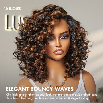 Effortless Elegance Copper Highlight / Natural Black Bouncy Curly Wig Minimalist HD Lace Glueless Wig Pre-Cut Lace-18