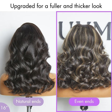Curtain Bangs Blonde Highlight Loose Wave Glueless 5x5 Closure Pre-Cut Lace Wig All Head Sizes Fit Cap-15