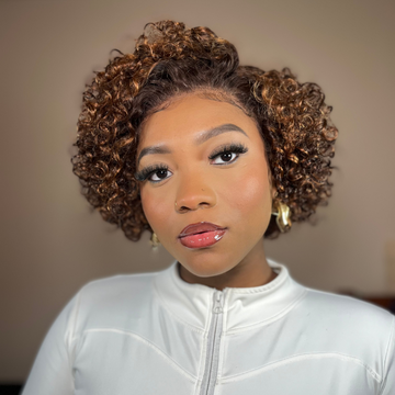 Weekly Special | Brown Highlight / Jet Black Short Cut Slicked Back Curly Ear-to-ear Wide T Lace Wig-01