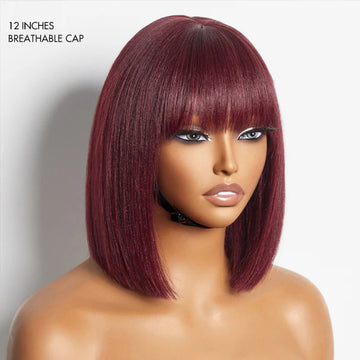 Weekly Special | Put On and Go Realistic Glueless Yaki Straight Bob with Bangs Minimalist Lace Wig 100% Human Hair-09