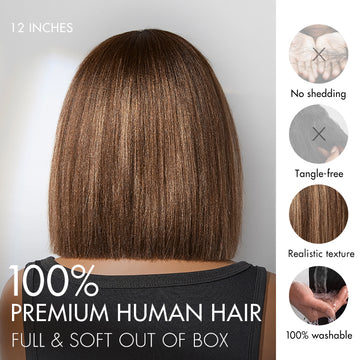 New Customers Only | Ash Blonde Highlights Yaki Blunt Cut Bob Wig with Bangs Glueless Minimalist Lace Short Wig Breathable Cap-06