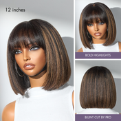 Put On and Go Realistic Glueless Yaki Straight Bob with Bangs Minimalist Lace Wig 100% Human Hair-13