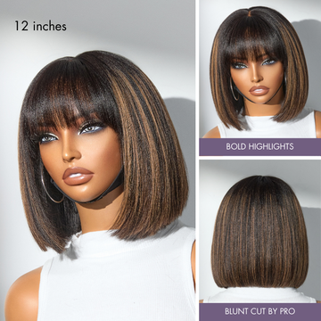 Put On and Go Realistic Glueless Yaki Straight Bob with Bangs Minimalist Lace Wig 100% Human Hair-13