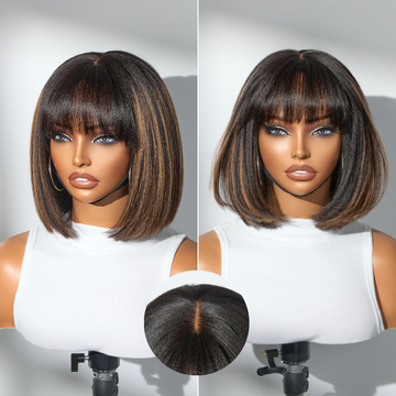 Put On and Go Brown Highlight Yaki Bob with Bangs Glueless Minimalist Lace Wig Breathable Cap-01