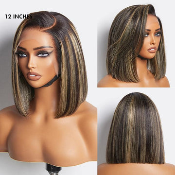 12-inch chic blonde highlight bob wig shown on a mannequin from front, side, and back angles, straight and shiny.