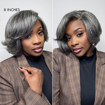 Exclusive Sale | Boss Vibe Salt & Pepper Layered Bob / Body Wave Glueless Pre-Cut Minimalist Lace Grey Wig-09