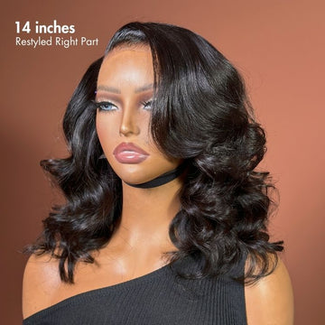 Mannequin displaying a 14-inch wig with a restyled right part, soft curls, and a glossy, voluminous finish.