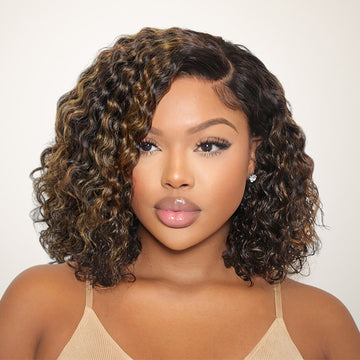 Special Deal | Casual Blonde Highlights Curly Minimalist HD Lace Glueless C Part Short Wig 100% Human Hair-04