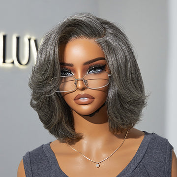 Boss Vibe Salt & Pepper Layered Bob / Body Wave Glueless Pre-Cut Minimalist Lace Grey Wig-15