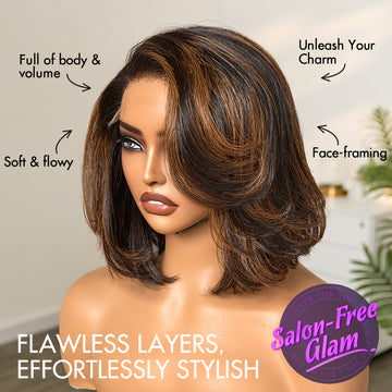 Trendy Brown Highlight Layered Bob Blowout Glueless 5x5 Lace Closure Wig 100% Human Hair Pre-Cut Lace-01