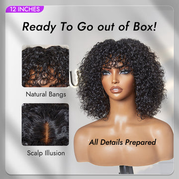 Beginner Friendly Water Wave Minimalist Lace Glueless Short Curly Wig with Bangs-11