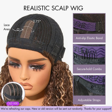 Put On and Go Brown Highlight Yaki Bob with Bangs Glueless Minimalist Lace Wig Breathable Cap-13