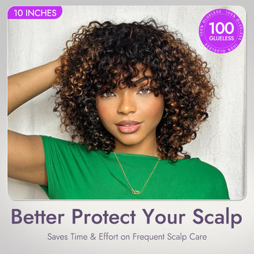1 SEC INSTALL WIG | Brown Highlight Water Wave Natural Scalp Glueless Minimalist Lace Short Curly Wig with Bangs-16