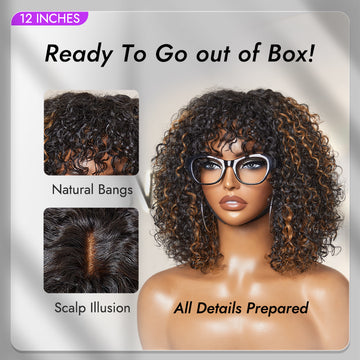 1 SEC INSTALL WIG | Brown Highlight Water Wave Natural Scalp Glueless Minimalist Lace Short Curly Wig with Bangs-15