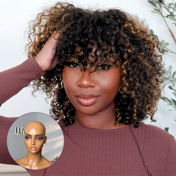 1 SEC INSTALL WIG | Brown Highlight Water Wave Natural Scalp Glueless Minimalist Lace Short Curly Wig with Bangs-12