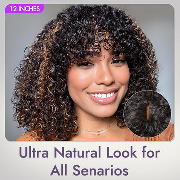 1 SEC INSTALL WIG | Brown Highlight Water Wave Natural Scalp Glueless Minimalist Lace Short Curly Wig with Bangs-24