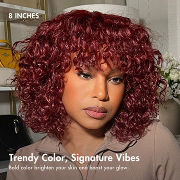 Beginner Friendly Dark Red Water Wave Glueless Minimalist Lace Curly Wig with Bangs-02