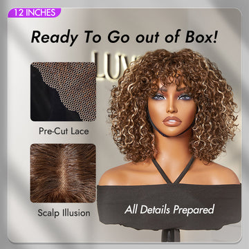 Beginner Friendly Ash Blonde Highlights Water Wave True Scalp Minimalist Lace Glueless Curly Wig with Bangs-34