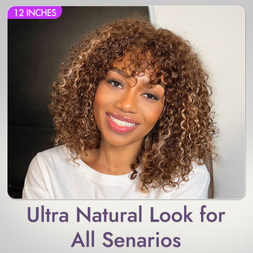 Beginner Friendly Ash Blonde Highlights Water Wave True Scalp Minimalist Lace Glueless Curly Wig with Bangs-37