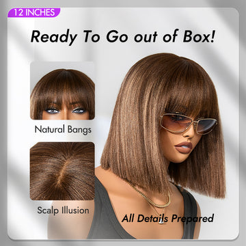 Ash Blonde Highlights Yaki Blunt Cut Bob Wig with Bangs Glueless Minimalist Lace Short Wig Breathable Cap-12