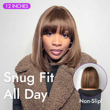 Ash Blonde Highlights Yaki Blunt Cut Bob Wig with Bangs Glueless Minimalist Lace Short Wig Breathable Cap-14