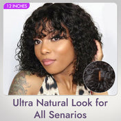 Beginner Friendly Water Wave Minimalist Lace Glueless Short Curly Wig with Bangs-26