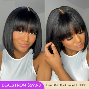 New Customers Only | Put On and Go Realistic Glueless Yaki Straight Bob with Bangs Minimalist Lace Wig 100% Human Hair-23
