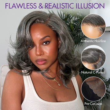 Layered Blowout Salt and Pepper Glueless Grey Wig Minimalist HD Lace Shoulder Length Wavy Wig-07
