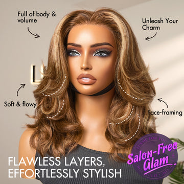 PreMax Wigs - Honey Blonde Highlight / Natural Black / Ombre Blonde Bouncy Body Wave Glueless 13x4 Frontal Lace Human Hair Wig-10