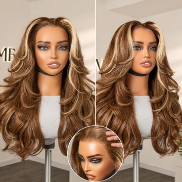 PreMax Blonde Highlight Layered Body Wave Glueless 13x4 Frontal Lace Long Wig Human Hair Pre-Cut Lace-12