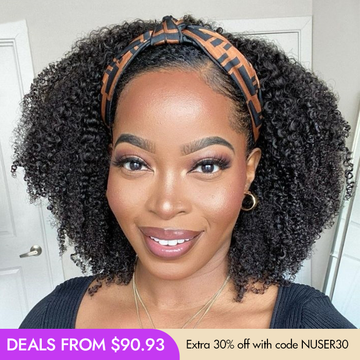 New Customers Only | Natural Black Jerry Curly No Lace Glueless Free Part Long Headband Wig 100% Human Hair (Get Free Trendy Headbands)-18