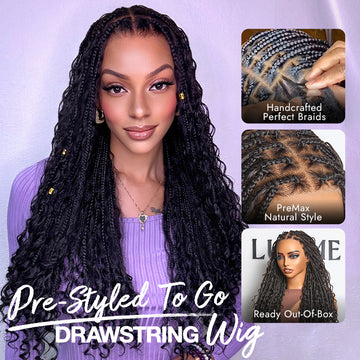 Readitress™ Light Weight Flexi-Fit Invisi Drawstring Cap Full Lace Knotless Boho Curls Braided Long Wig Super Natural Scalp - US Only-46