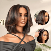 Brown Highlight Silky Short Bob Wig Layered Cut Human Hair Glueless 5x5 Closure Pre-Cut Lace Wig-01