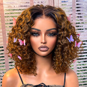 Brown Highlight / Natural Black / Blonde Highlight Deep Curly Glueless 5x5 Closure Pre-Cut Lace Wig Breathable Cap-19