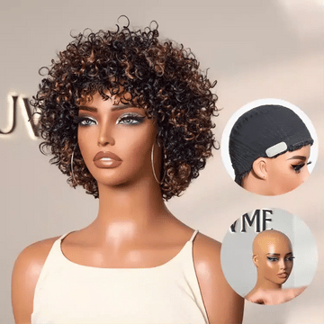Throw On & Go Brown Highlight Short Curly with Bangs Wig Ultra Comfort Cotton Cap Glueless Hair Loss Friendly Wig-01