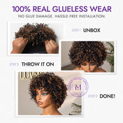 Throw On & Go Brown Highlight Short Curly with Bangs Wig Ultra Comfort Cotton Cap Glueless Hair Loss Friendly Wig-05