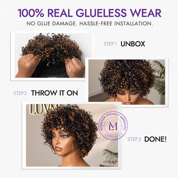 Throw On & Go Brown Highlight Short Curly with Bangs Wig Ultra Comfort Cotton Cap Glueless Hair Loss Friendly Wig-05