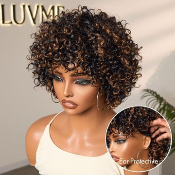 Throw On & Go Brown Highlight Short Curly with Bangs Wig Ultra Comfort Cotton Cap Glueless Hair Loss Friendly Wig-02