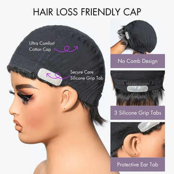 Throw On & Go Brown Highlight Short Curly with Bangs Wig Ultra Comfort Cotton Cap Glueless Hair Loss Friendly Wig-03