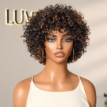Throw On & Go Brown Highlight Short Curly with Bangs Wig Ultra Comfort Cotton Cap Glueless Hair Loss Friendly Wig-08