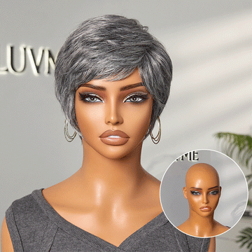 Salt & Pepper Glueless Throw On & Go Short Pixie Cut Wig with Bangs Breathable Cap Grey Wig - US Only-01